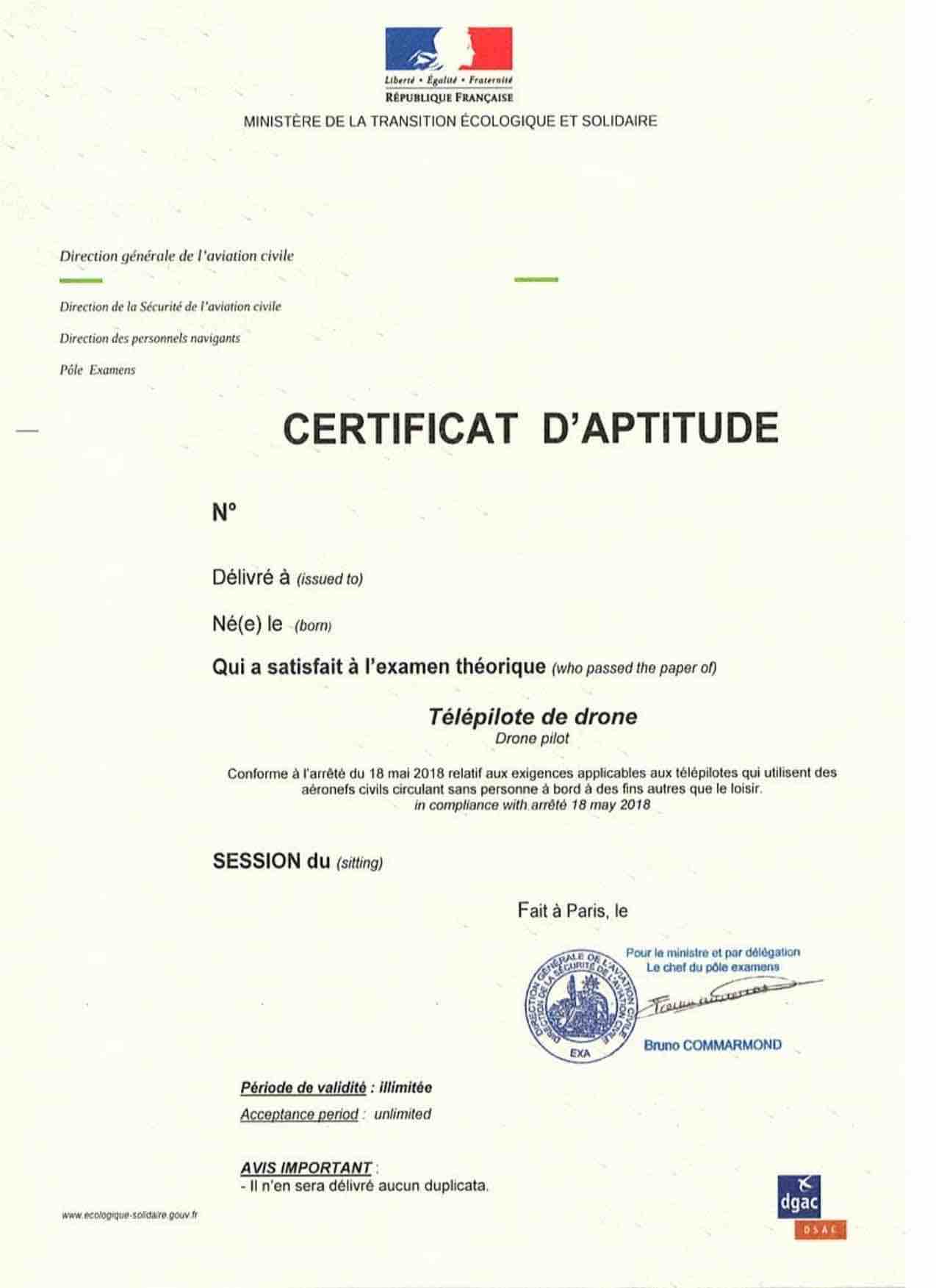 Certificat d'aptitude théorique de télépilote de drone