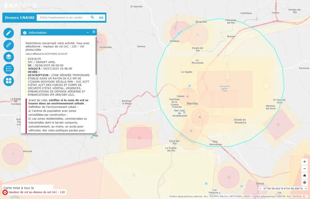 Les restrictions pour faire voler son drone en Espagne, plateforme Enaire