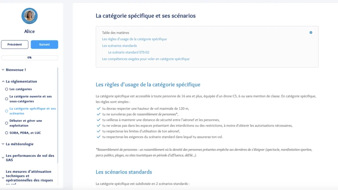 Contenu e-learning de notre formation pratique de télépilote professionnel de drone