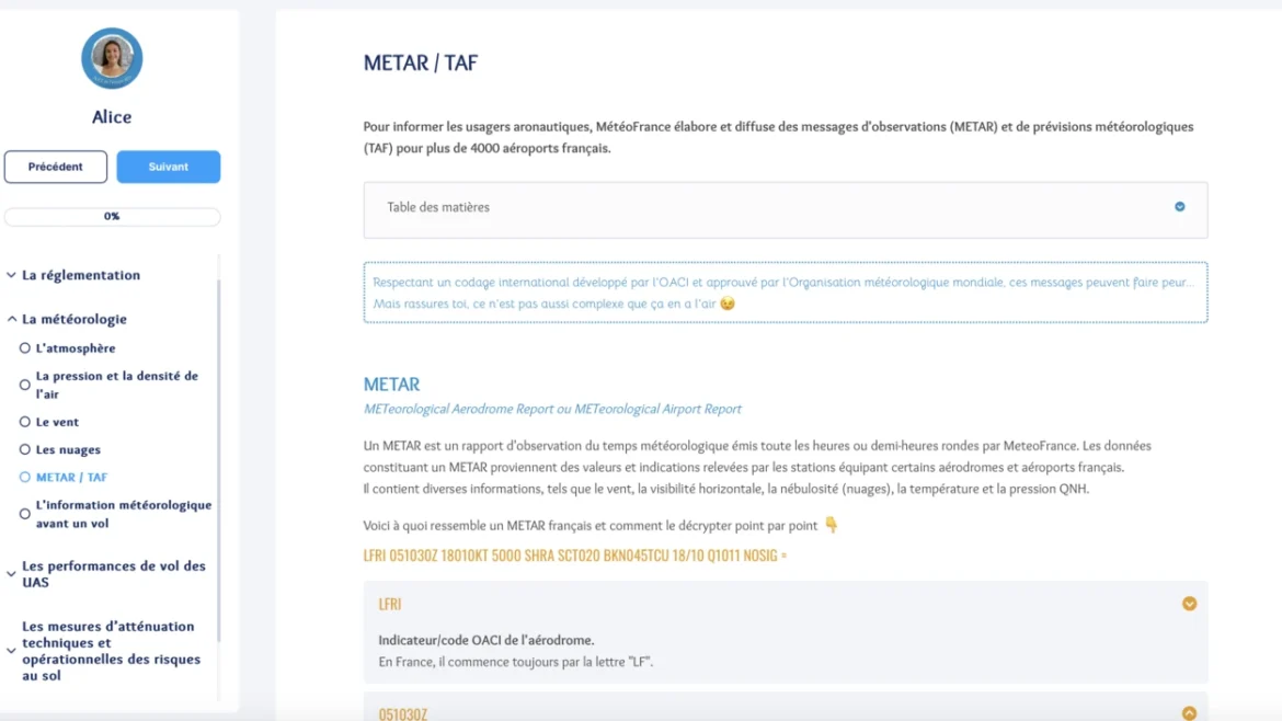 Contenu e-learning de notre formation pratique de télépilote professionnel de drone